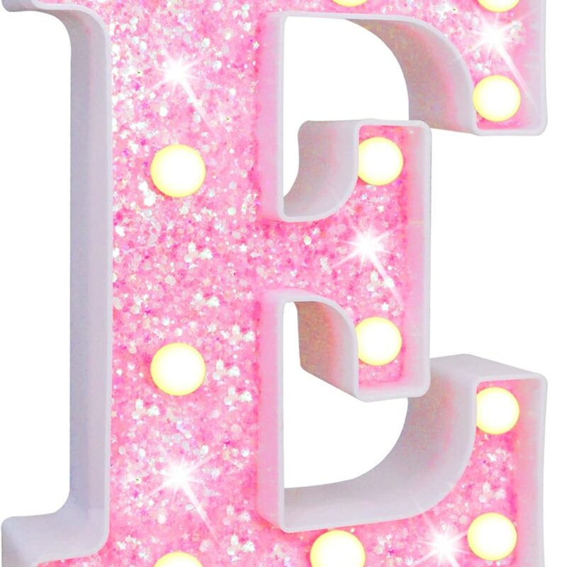 Pooqla LED Marquee Letter Lights, Light Up Pink Glitter Alphabet Letter E Sign Battery Powered for Night Light Birthday Party Wedding Girls Gifts Home Bar Christmas Decoration