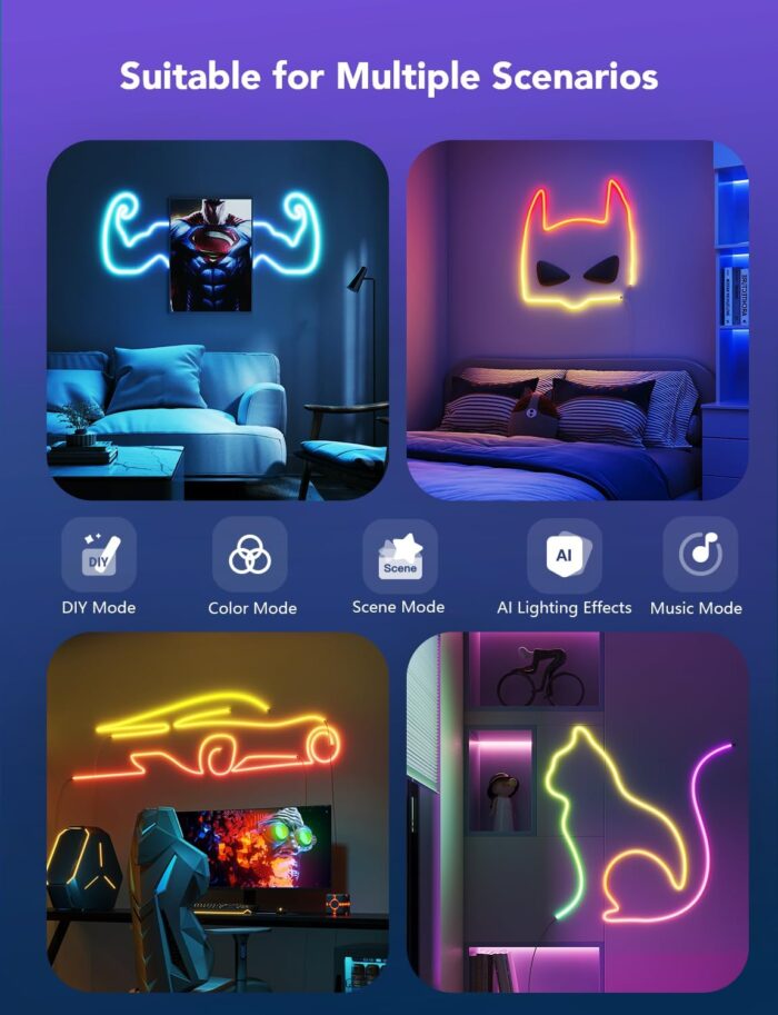 Govee RGBIC Neon Lights, LED Smart Neon Rope Light 2 Works with Matter, Alexa, Google Assistant, Custom DIY Neon Strip Lights for Living Room and Bedroom Decor, Softer Material, 16.4ft, White - Image 7