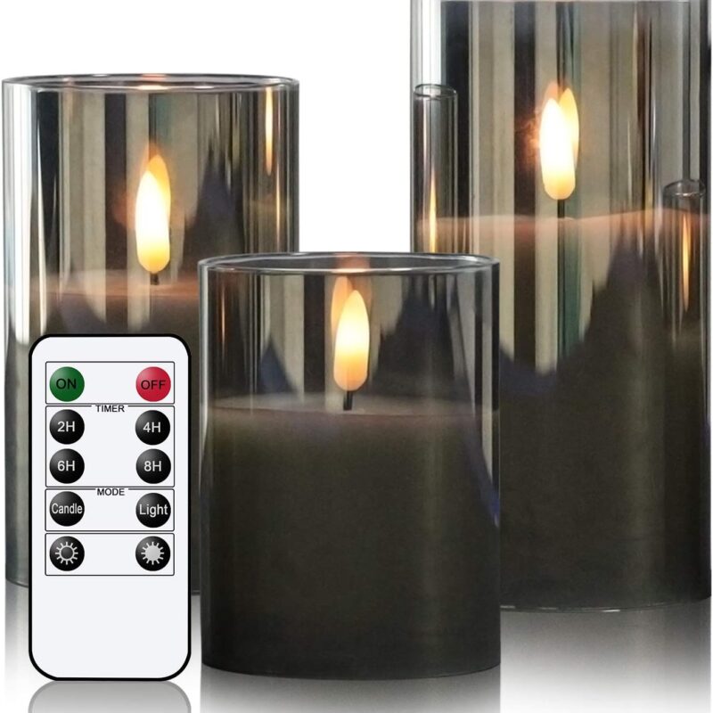 GenSwin Glass Flameless Candles with Remote Battery Operated Flickering LED Pillar Candles Real Wax 3D Wick for Wedding Festival Home Decoration(Gray,Pack of 3)