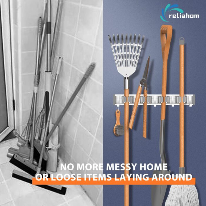 Broom Holder Mop Hanger Wall Mount Metal Organization Garage Storage System Garden Kitchen Tool Organizer (4 Racks with 5 Hooks, Silver) - Image 4