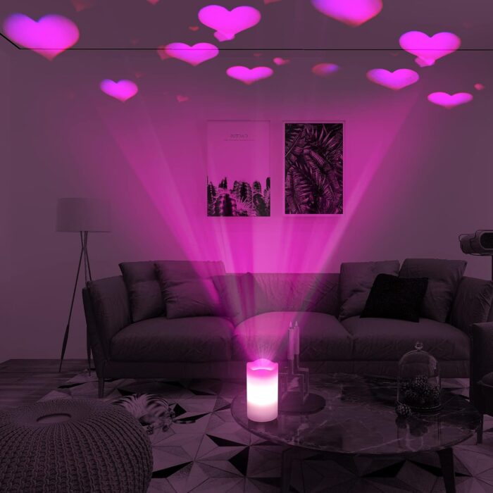 Valentines Day Flameless Candles Romantic Pink Heart Projector Lights Battery Operated Night Light with Remote and Timer, LED Candle Home Decorations - Image 2