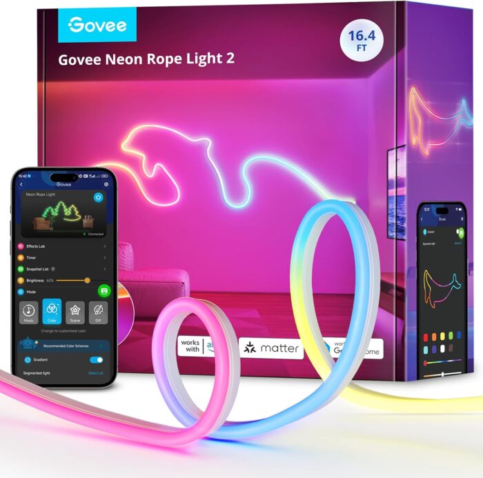 Govee RGBIC Neon Lights, LED Smart Neon Rope Light 2 Works with Matter, Alexa, Google Assistant, Custom DIY Neon Strip Lights for Living Room and Bedroom Decor, Softer Material, 16.4ft, White