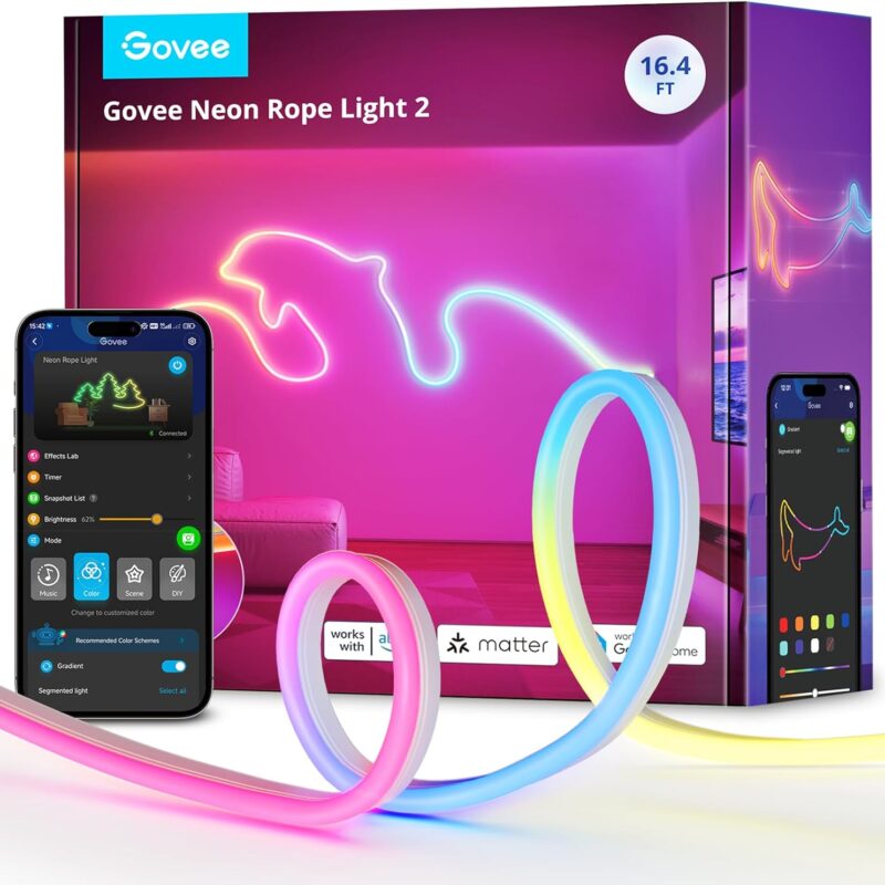 Govee RGBIC Neon Lights, LED Smart Neon Rope Light 2 Works with Matter, Alexa, Google Assistant, Custom DIY Neon Strip Lights for Living Room and Bedroom Decor, Softer Material, 16.4ft, White