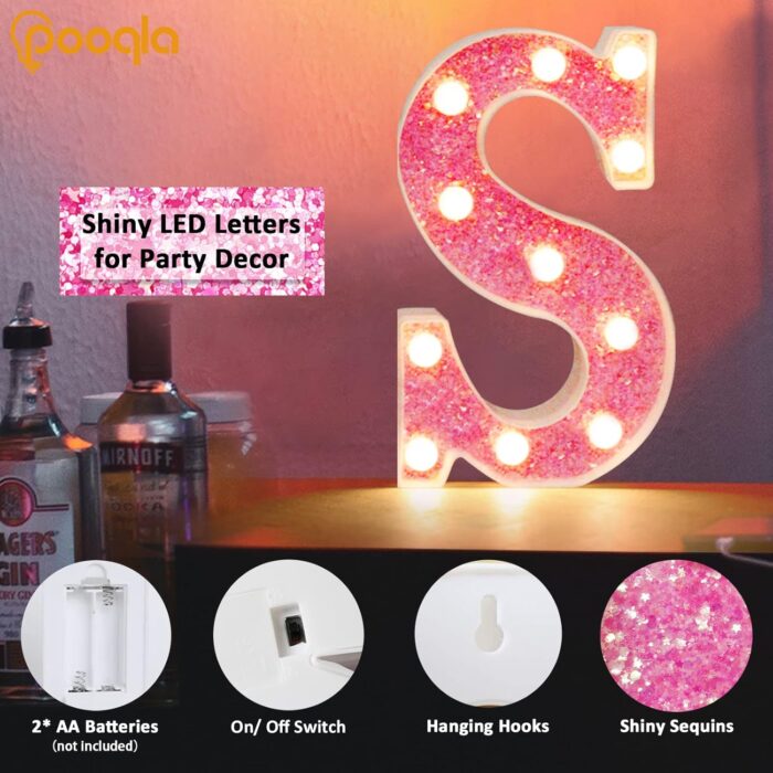 Pooqla LED Marquee Letter Lights, Light Up Pink Glitter Alphabet Letter E Sign Battery Powered for Night Light Birthday Party Wedding Girls Gifts Home Bar Christmas Decoration - Image 4
