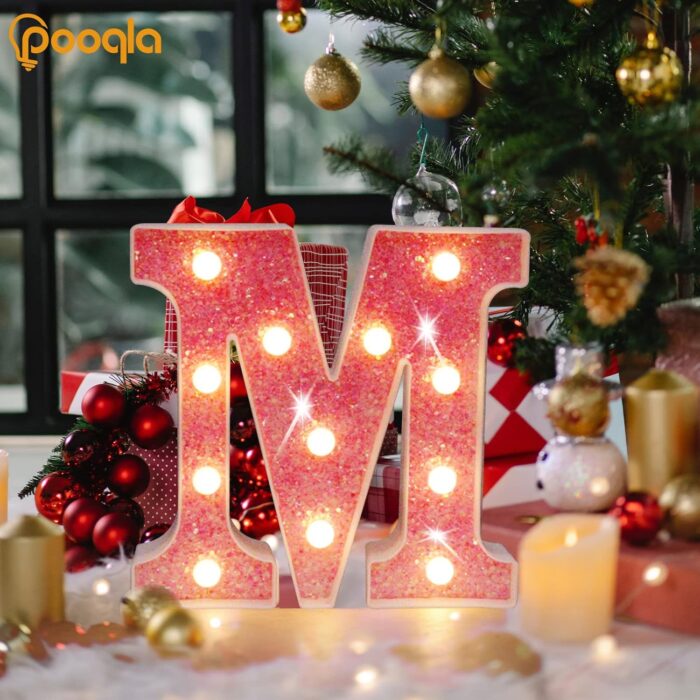 Pooqla LED Marquee Letter Lights, Light Up Pink Glitter Alphabet Letter E Sign Battery Powered for Night Light Birthday Party Wedding Girls Gifts Home Bar Christmas Decoration - Image 3