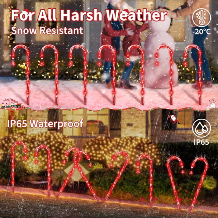 AOSEA Christmas Decorations Outdoor, 80 Red LEDs Solar Christmas Candy Cane Lights, 10 Pack Solar Pathway Lights with 8 Lighting Modes, Waterproof Solar Lights for Yard, Walkway, Lawn, Garden Decor - Image 3