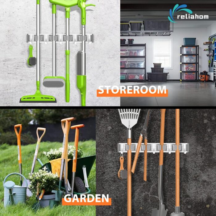 Broom Holder Mop Hanger Wall Mount Metal Organization Garage Storage System Garden Kitchen Tool Organizer (4 Racks with 5 Hooks, Silver) - Image 5