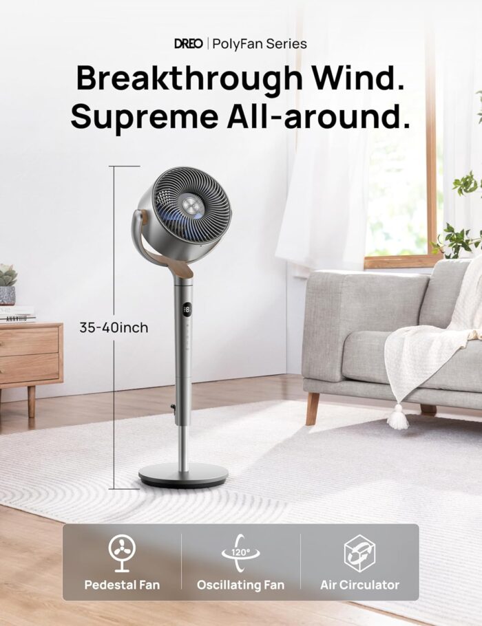 Dreo Standing Fan, 120°+120°Omni-directional Oscillating Fan For Bedroom, 80 ft Circulator With Remote, DC Motor Quiet Pedestal Fans, Adjustable Height, 8 Speeds, 3 Modes, 8H Timer, Home, PolyFan 502 - Image 2