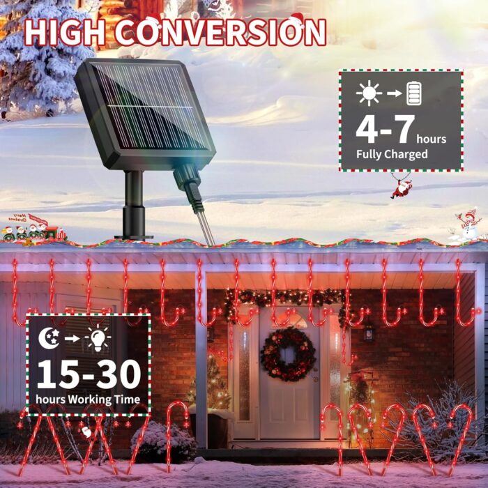 AOSEA Christmas Decorations Outdoor, 80 Red LEDs Solar Christmas Candy Cane Lights, 10 Pack Solar Pathway Lights with 8 Lighting Modes, Waterproof Solar Lights for Yard, Walkway, Lawn, Garden Decor - Image 4
