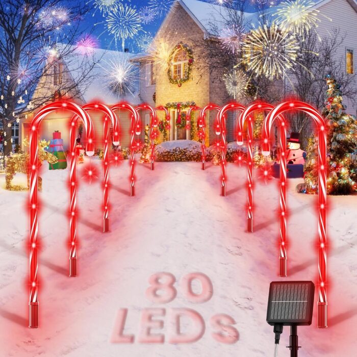 AOSEA Christmas Decorations Outdoor, 80 Red LEDs Solar Christmas Candy Cane Lights, 10 Pack Solar Pathway Lights with 8 Lighting Modes, Waterproof Solar Lights for Yard, Walkway, Lawn, Garden Decor