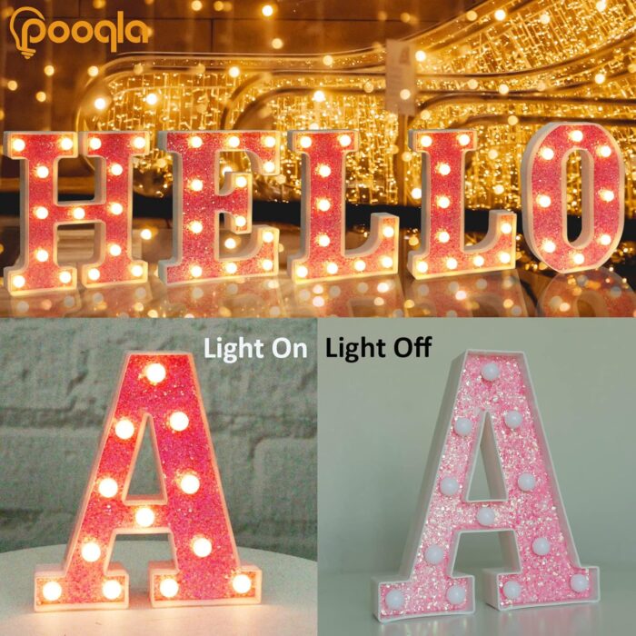 Pooqla LED Marquee Letter Lights, Light Up Pink Glitter Alphabet Letter E Sign Battery Powered for Night Light Birthday Party Wedding Girls Gifts Home Bar Christmas Decoration - Image 2
