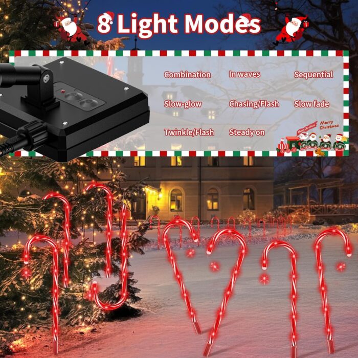 AOSEA Christmas Decorations Outdoor, 80 Red LEDs Solar Christmas Candy Cane Lights, 10 Pack Solar Pathway Lights with 8 Lighting Modes, Waterproof Solar Lights for Yard, Walkway, Lawn, Garden Decor - Image 5