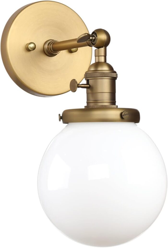 Pathson Industrial Wall Sconce with White Globe, Brass Bathroom Vanity Light with On Off Switch, Vintage Wall Light Fixtures for Living Room Loft Hallway