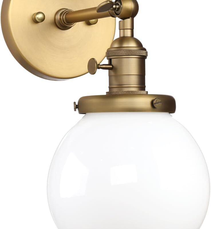 Pathson Industrial Wall Sconce with White Globe, Brass Bathroom Vanity Light with On Off Switch, Vintage Wall Light Fixtures for Living Room Loft Hallway