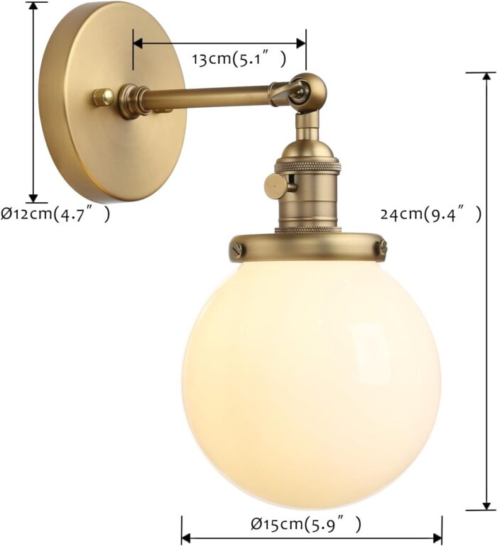 Pathson Industrial Wall Sconce with White Globe, Brass Bathroom Vanity Light with On Off Switch, Vintage Wall Light Fixtures for Living Room Loft Hallway - Image 5
