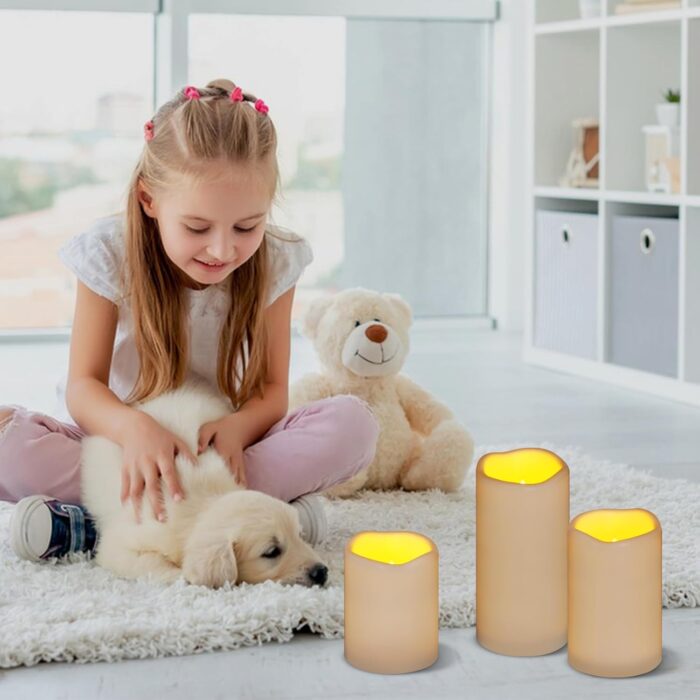 Flameless Candles 4" 5" 6" Set of 3 Ivory Outdoor Indoor Pillars 3" Diameter Battery Operated Flickering Candles Include 10-Key Remote Timer Function 400+ Hours Requires 2 AA Batteries - Image 3