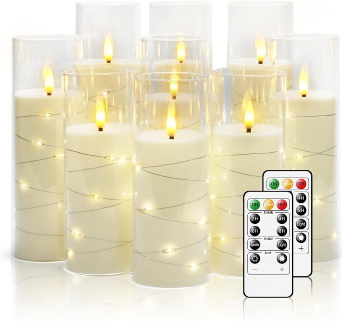 Flickering Flameless LED Candles,Battery Operated Candles 9 Pcs with Embedded Star String,Acrylic LED Pillar Candles with Remote,Suitable for Home Decoration to Create an Atmosphere（White）