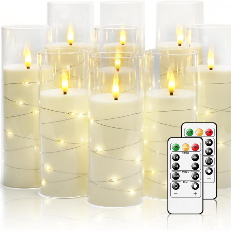 Flickering Flameless LED Candles,Battery Operated Candles 9 Pcs with Embedded Star String,Acrylic LED Pillar Candles with Remote,Suitable for Home Decoration to Create an Atmosphere（White）