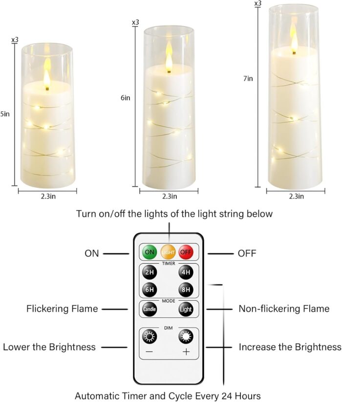 Flickering Flameless LED Candles,Battery Operated Candles 9 Pcs with Embedded Star String,Acrylic LED Pillar Candles with Remote,Suitable for Home Decoration to Create an Atmosphere（White） - Image 5