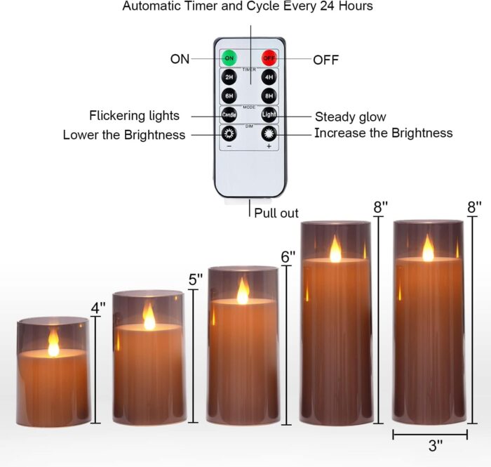 Homemory Gray Flickering Flameless Candles, Battery Operated Acrylic LED Pillar Candles with Remote Control and Timer, Set of 5 - Image 6
