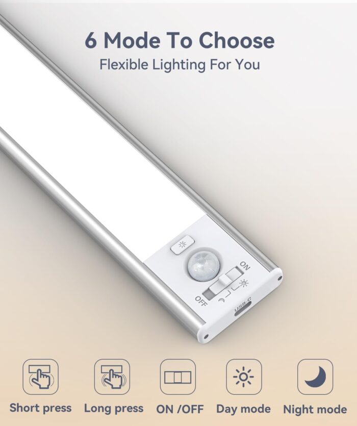 Under Cabinet Lighting, LED Motion Sensor Light Indoor, 2200mAh USB Rechargeable Closet Lights Battery Operated, Stick On Magnetic Wireless Dimmable Under Counter Lights for Kitchen, Stairs (2 Pack) - Image 4