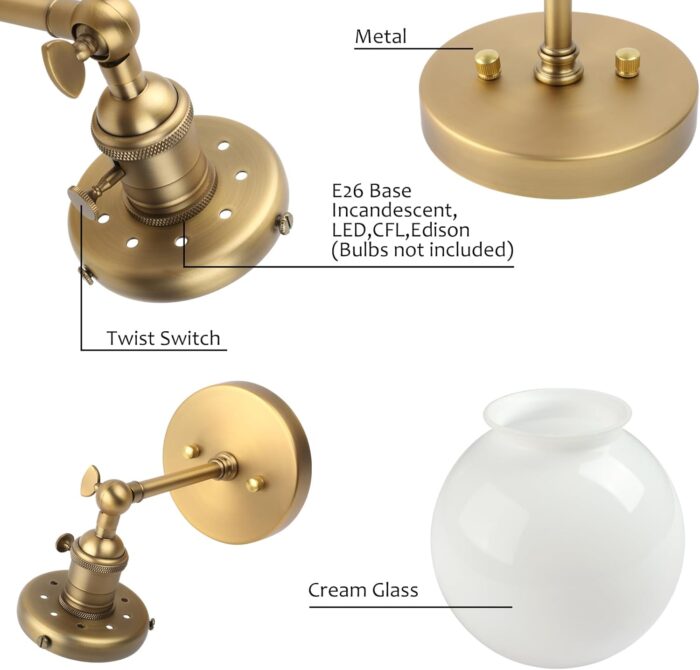 Pathson Industrial Wall Sconce with White Globe, Brass Bathroom Vanity Light with On Off Switch, Vintage Wall Light Fixtures for Living Room Loft Hallway - Image 6