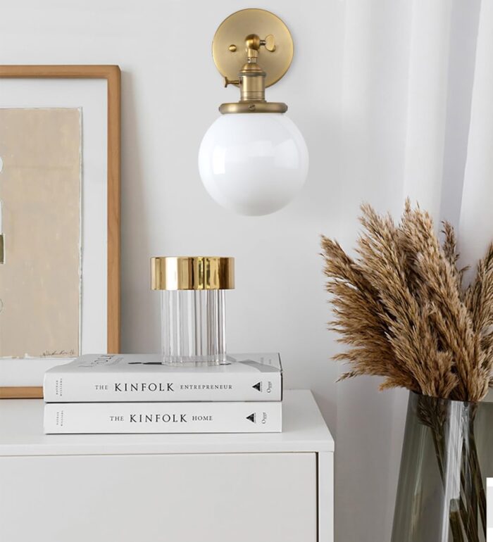Pathson Industrial Wall Sconce with White Globe, Brass Bathroom Vanity Light with On Off Switch, Vintage Wall Light Fixtures for Living Room Loft Hallway - Image 4