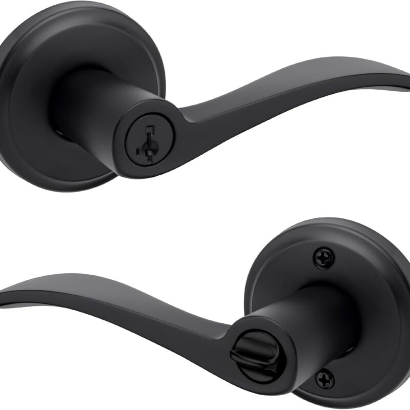 Kwikset Sedona Entry Door Handle with Lock and Key, Secure Keyed Reversible Lever Exterior, for Front Entrance and Bedrooms, Matte Black, Pick Resistant Smartkey Rekey Security and Microban