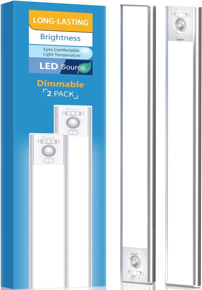 Under Cabinet Lighting, LED Motion Sensor Light Indoor, 2200mAh USB Rechargeable Closet Lights Battery Operated, Stick On Magnetic Wireless Dimmable Under Counter Lights for Kitchen, Stairs (2 Pack)