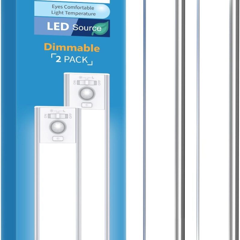 Under Cabinet Lighting, LED Motion Sensor Light Indoor, 2200mAh USB Rechargeable Closet Lights Battery Operated, Stick On Magnetic Wireless Dimmable Under Counter Lights for Kitchen, Stairs (2 Pack)
