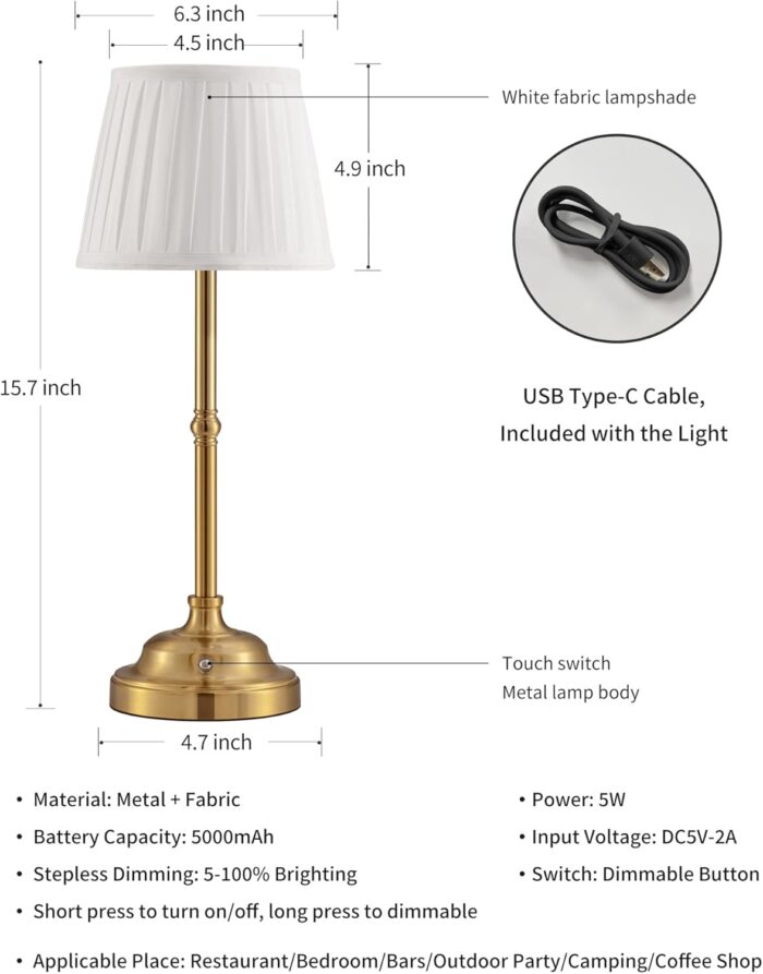 KDG Portables Cordless Table Lamp, Fabric Shade Desk Lamp, 5000mAh Rechargeable Battery Powered Lighting, Dimmable Light for Dining Room, Bedroom, Bedside, Bar, Night Light, Camping, Balcony (Bronze) - Image 5