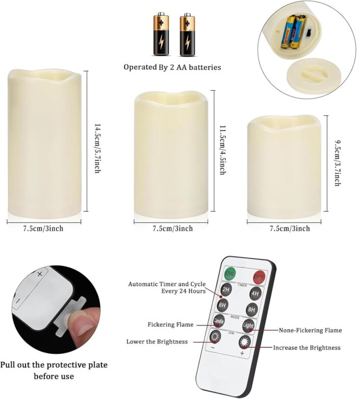 Flameless Candles 4" 5" 6" Set of 3 Ivory Outdoor Indoor Pillars 3" Diameter Battery Operated Flickering Candles Include 10-Key Remote Timer Function 400+ Hours Requires 2 AA Batteries - Image 4