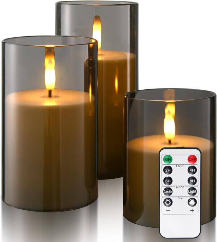 Flameless Candles Battery Operated Candles- Flickering LED Candles with Realistic 3D Buld and Remote Control &Timer for Wedding Birthday Halloween Christmas Decorations(Gray) Set of 3