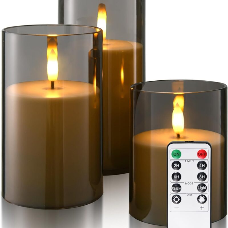 Flameless Candles Battery Operated Candles- Flickering LED Candles with Realistic 3D Buld and Remote Control &Timer for Wedding Birthday Halloween Christmas Decorations(Gray) Set of 3