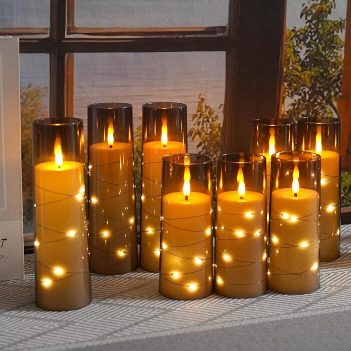 Flameless LED Candles with Timer 9 Pc Flickering Flameless Candles for Romantic Ambiance and Home Decoration Stable Acrylic Shell,with Embedded Star String，Battery Operated Candles（Grey） - Image 6