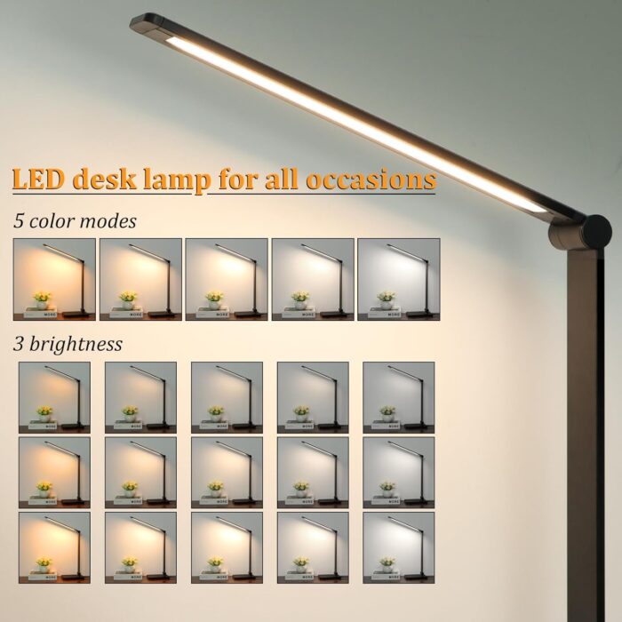 LED Desk Lamp with USB Ports,Touch Desk Lamps for Home Office with 5 Color Modes,3 Brightness Desk Light with Small Night Light,Reading Lamp Table Lamp for Bedroom Bedside Study Black （with adapter） - Image 2