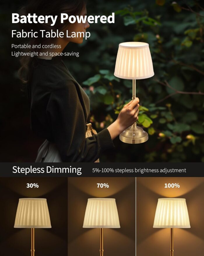 KDG Portables Cordless Table Lamp, Fabric Shade Desk Lamp, 5000mAh Rechargeable Battery Powered Lighting, Dimmable Light for Dining Room, Bedroom, Bedside, Bar, Night Light, Camping, Balcony (Bronze) - Image 4