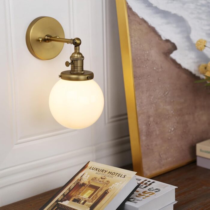 Pathson Industrial Wall Sconce with White Globe, Brass Bathroom Vanity Light with On Off Switch, Vintage Wall Light Fixtures for Living Room Loft Hallway - Image 2