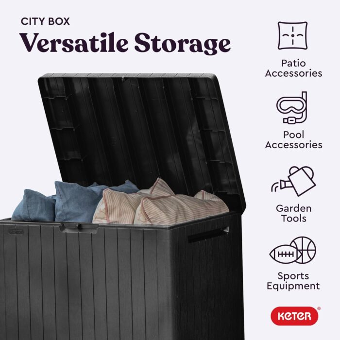 Keter City 30 Gallon Resin Outdoor Storage Box and Patio Storage Box Side Table for Pool and Garden Accessories, Dark Grey - Image 4