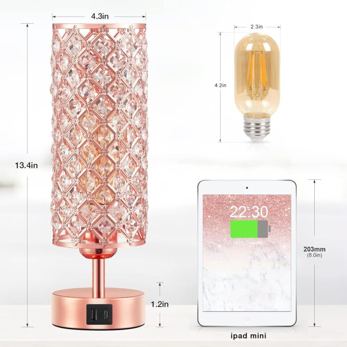 Hong-in Crystal Table Lamp, Rose Gold Lamp with USB C+A Ports, 3 Way Dimmable Touch Lamp with Crystal Shade, Bedside Nightstand Small Lamp for Living Room Bedroom Home Office (Bulb Included) - Image 5