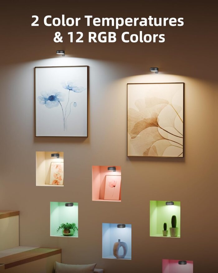EZVALO Picture Lights for Wall,2000mAh Rechargeable Battery Magnetic Poster Lights with 2 Color Temps&12 RGB,Remote Dimmable Timer Painting Light,Wall Decor Light for Art Display,Picture,Frame(3 Pack) - Image 3