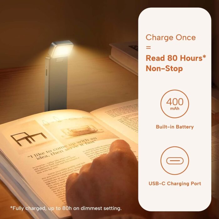 86lux Book Light, Rechargeable Reading Lights for Books in Bed, Ultralight Clip-on LED Bookmark Lamp with 3 Amber Colors & Stepless Dimming for Night Reading for Book Lovers, Kids, Ashen - Image 5