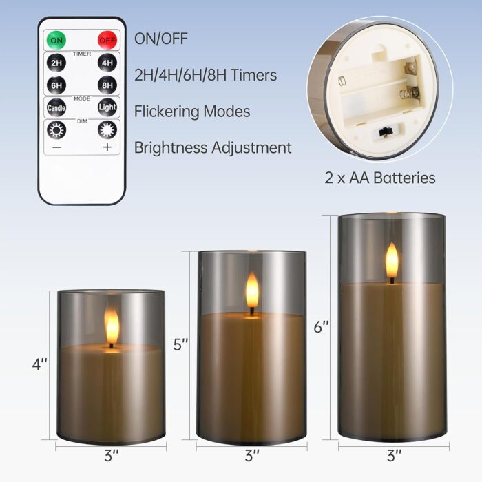Flameless Candles Battery Operated Candles- Flickering LED Candles with Realistic 3D Buld and Remote Control &Timer for Wedding Birthday Halloween Christmas Decorations(Gray) Set of 3 - Image 6