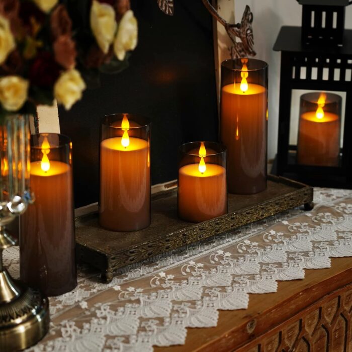 Homemory Gray Flickering Flameless Candles, Battery Operated Acrylic LED Pillar Candles with Remote Control and Timer, Set of 5 - Image 5