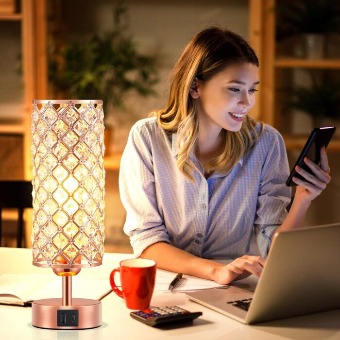 Hong-in Crystal Table Lamp, Rose Gold Lamp with USB C+A Ports, 3 Way Dimmable Touch Lamp with Crystal Shade, Bedside Nightstand Small Lamp for Living Room Bedroom Home Office (Bulb Included) - Image 8
