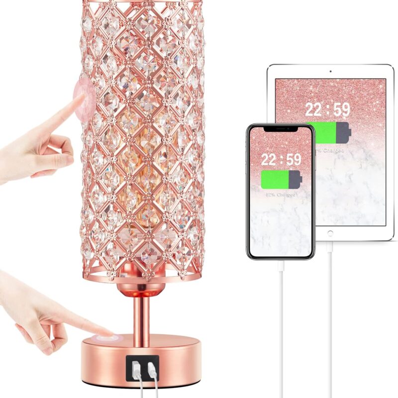 Hong-in Crystal Table Lamp, Rose Gold Lamp with USB C+A Ports, 3 Way Dimmable Touch Lamp with Crystal Shade, Bedside Nightstand Small Lamp for Living Room Bedroom Home Office (Bulb Included)