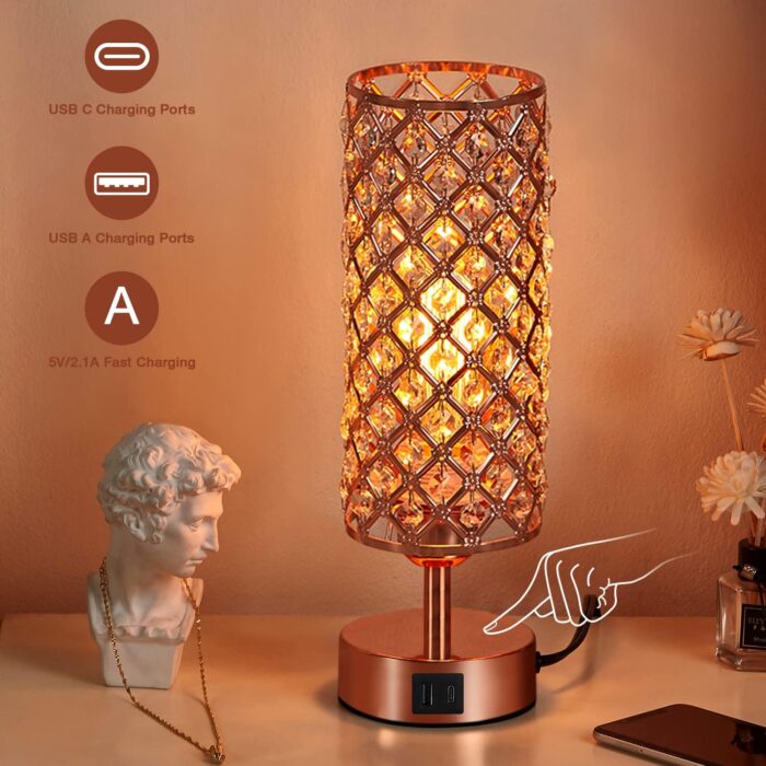 Hong-in Crystal Table Lamp, Rose Gold Lamp with USB C+A Ports, 3 Way Dimmable Touch Lamp with Crystal Shade, Bedside Nightstand Small Lamp for Living Room Bedroom Home Office (Bulb Included) - Image 6