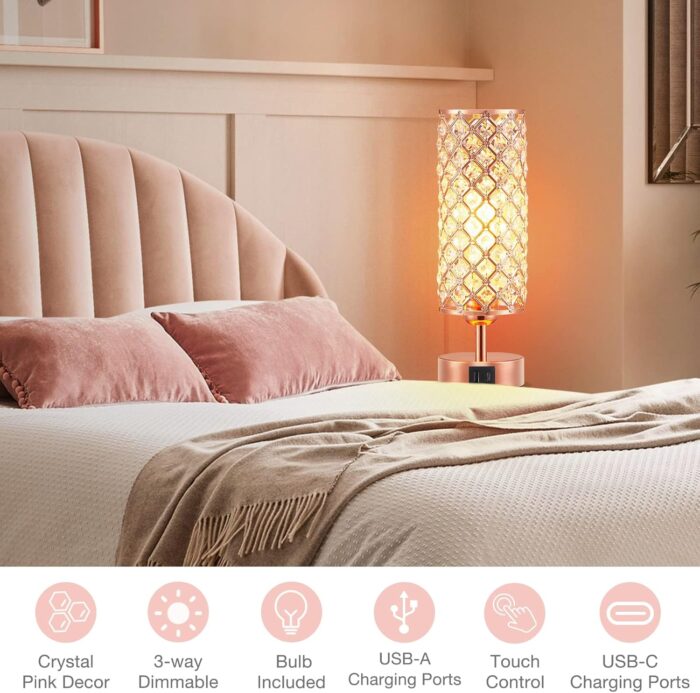 Hong-in Crystal Table Lamp, Rose Gold Lamp with USB C+A Ports, 3 Way Dimmable Touch Lamp with Crystal Shade, Bedside Nightstand Small Lamp for Living Room Bedroom Home Office (Bulb Included) - Image 7