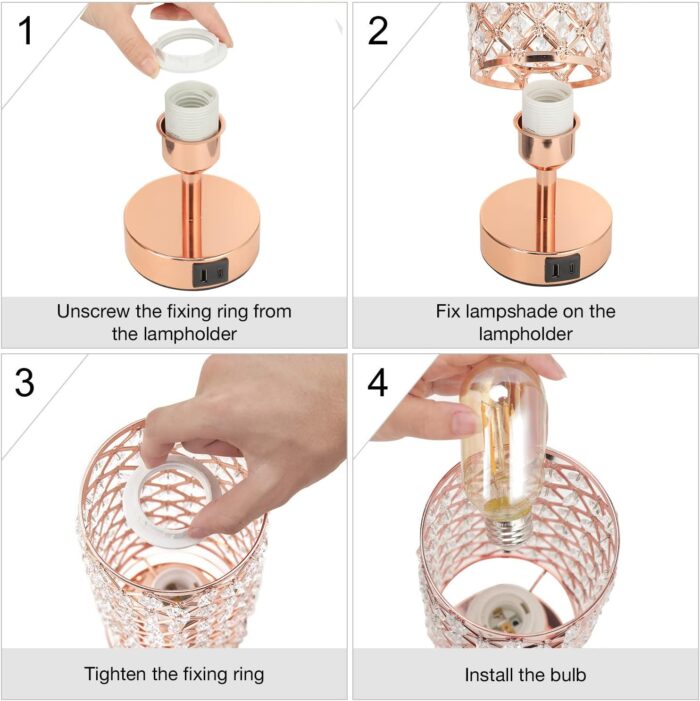 Hong-in Crystal Table Lamp, Rose Gold Lamp with USB C+A Ports, 3 Way Dimmable Touch Lamp with Crystal Shade, Bedside Nightstand Small Lamp for Living Room Bedroom Home Office (Bulb Included) - Image 9