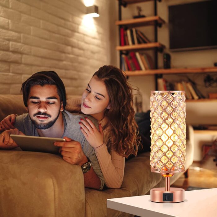 Hong-in Crystal Table Lamp, Rose Gold Lamp with USB C+A Ports, 3 Way Dimmable Touch Lamp with Crystal Shade, Bedside Nightstand Small Lamp for Living Room Bedroom Home Office (Bulb Included) - Image 4